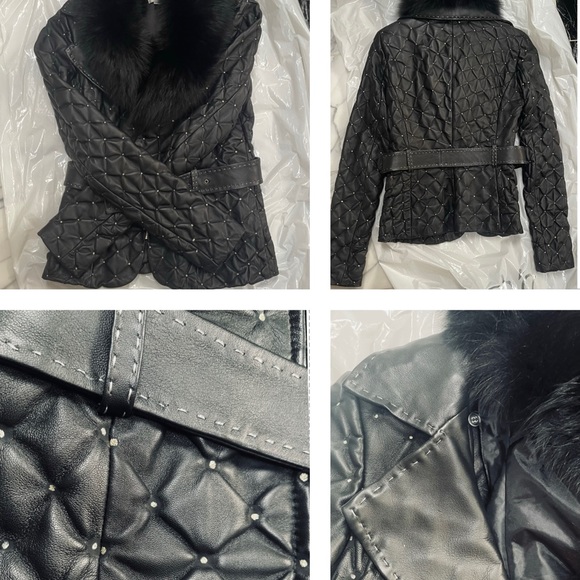 CACHE QUILTED SOFT LEATHER FOX FUR DETACHABLE COLLAR, SILVER DETAILING ON JACKET - Picture 9 of 16